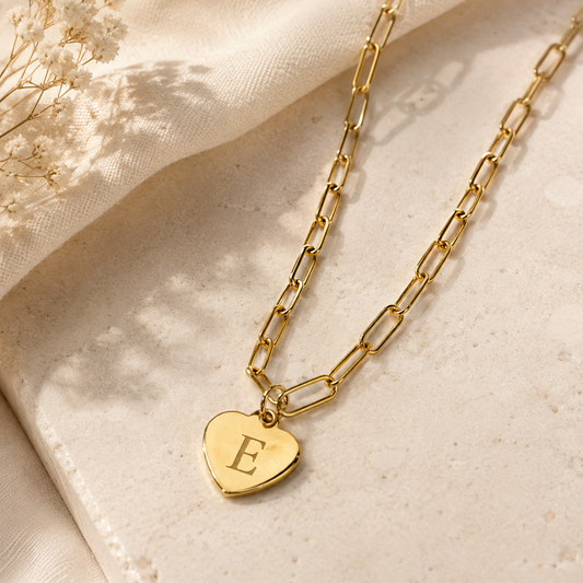 Luxe Gold Paperclip Chain Heart Charm Necklace - FREE ENGRAVING