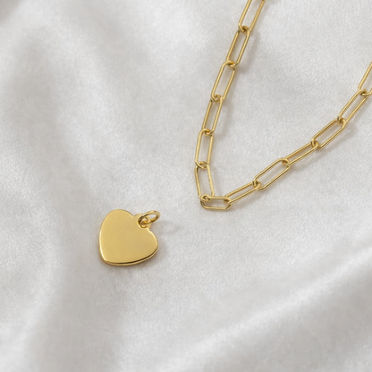 Luxe Gold Paperclip Chain Heart Charm Necklace - FREE ENGRAVING
